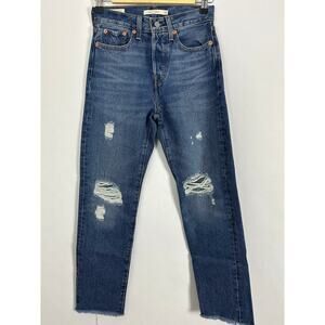 Levi's Wedgie Straight Ankle Jeans 24x28 Distressed Medium Indigo Raw Hem High